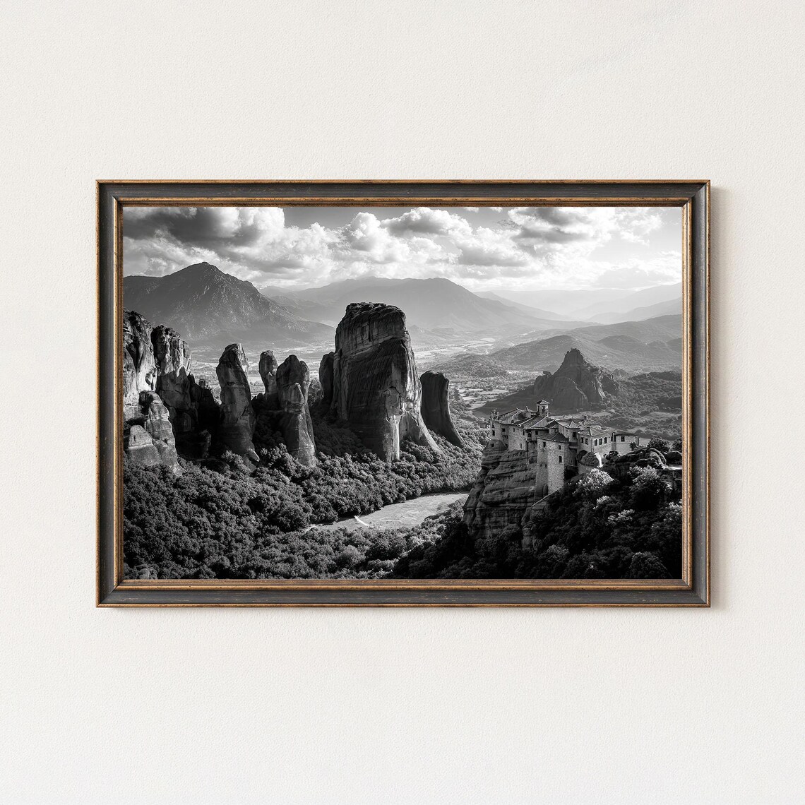 Meteora Monastery Rock Pillars Greece Black White Photo Poster