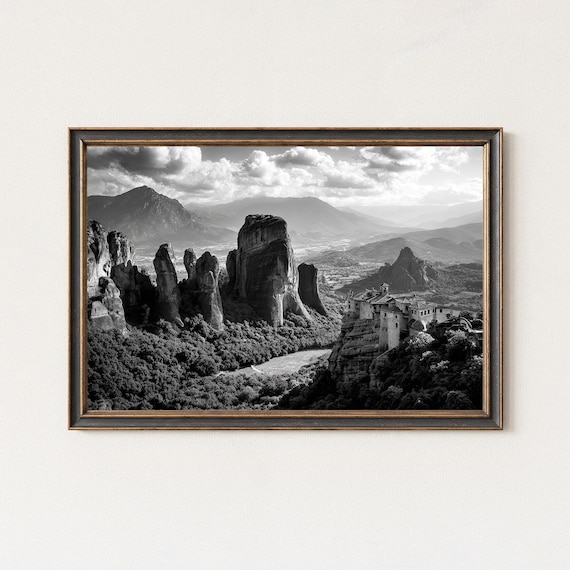 Meteora Monastery Rock Pillars Greece Black White Photo Poster