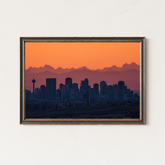 Calgary Skyline Sunset Print Rocky Mountains Silhouette Art
