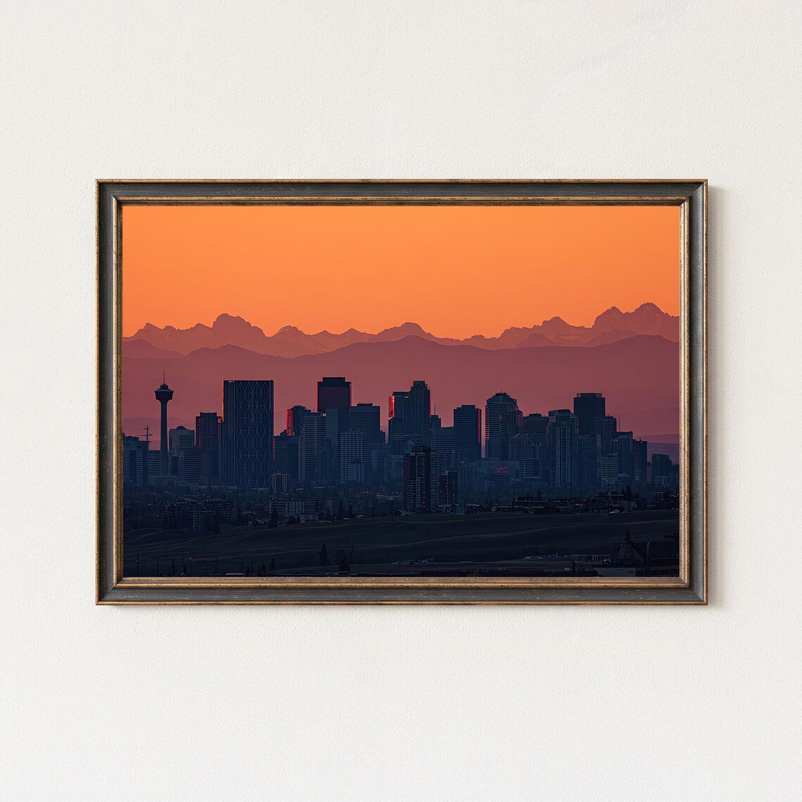 Calgary Skyline Sunset Print Rocky Mountains Silhouette Art