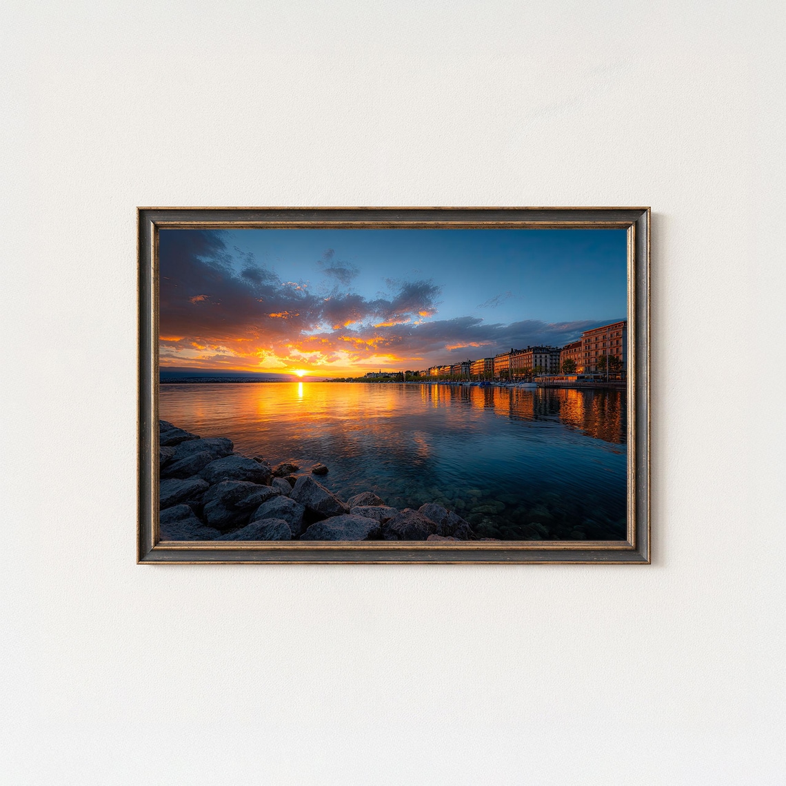 Lake Geneva Switzerland Sunset Waterfront Skyline Photography Poster
