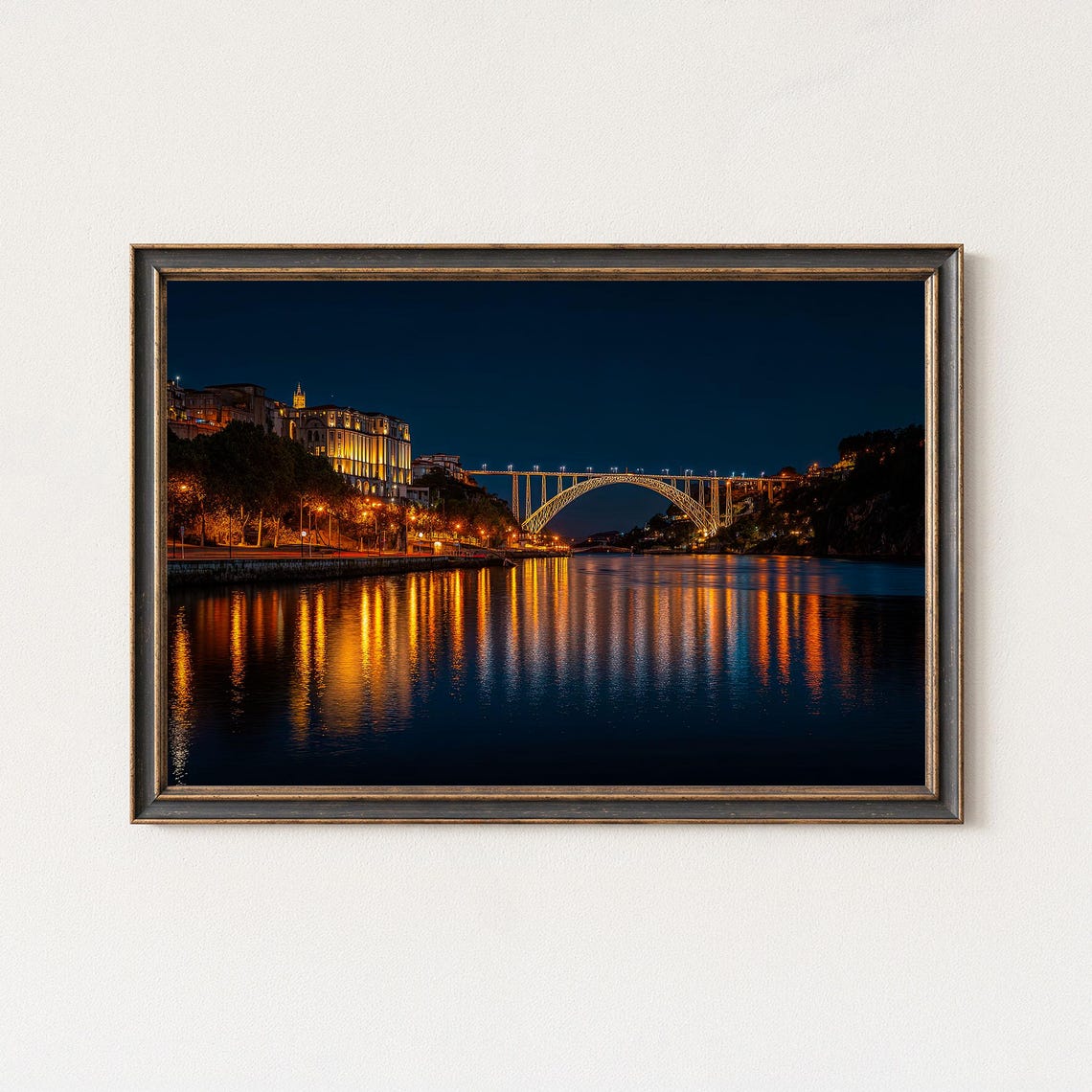 Porto Arrabida Bridge Night Douro River Golden Reflection Poster