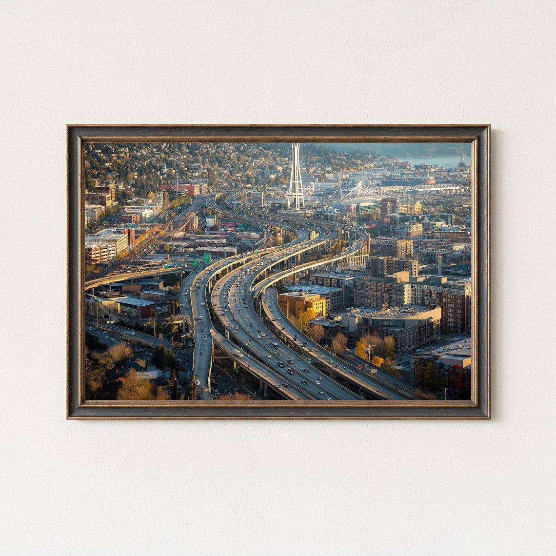 Seattle I5 Overlook Space Needle Aerial Highway Cityscape Poster