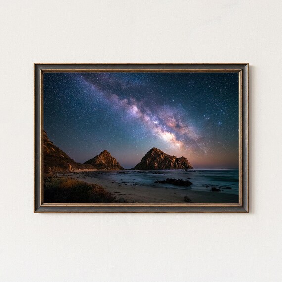Milky Way Over Moonlit Beach Sea Stacks Rocky Shore Night Poster