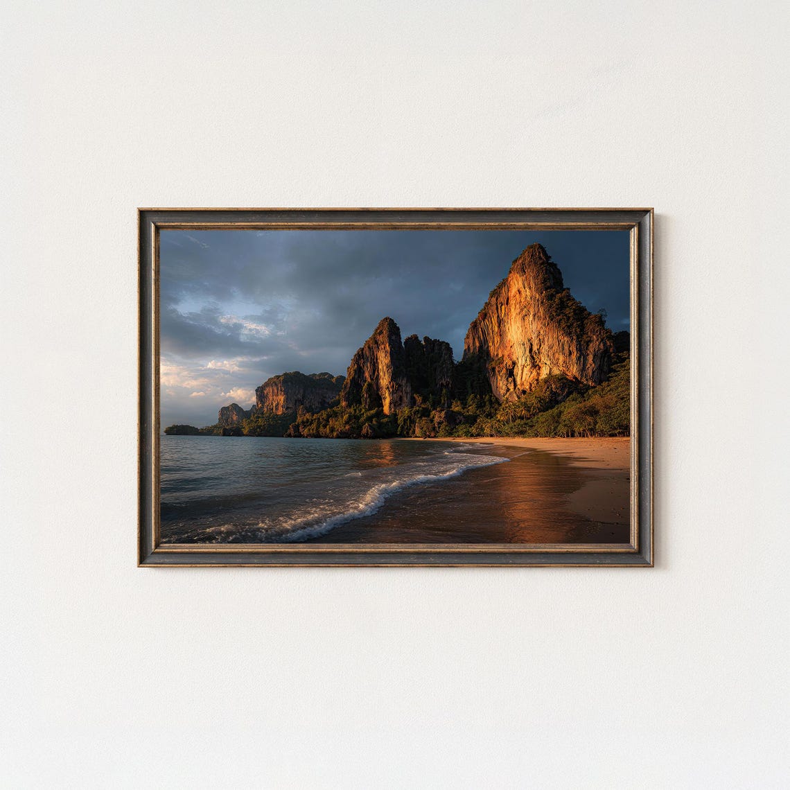 Tropical Beach Limestone Cliffs Golden Sunset Waves Art Poster