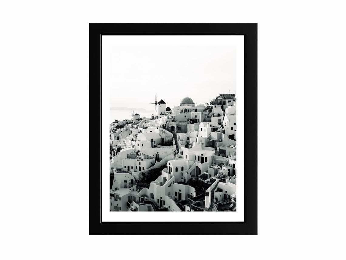 Santorini Oia Greece Village Windmills Black White Photo Poster