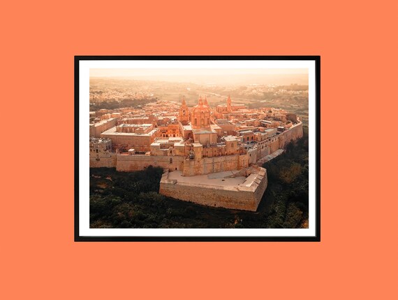 Mdina Malta Walled Old City Sunset Aerial Photography Poster