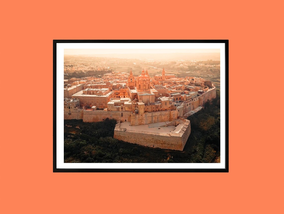 Mdina Malta Walled Old City Sunset Aerial Photography Poster