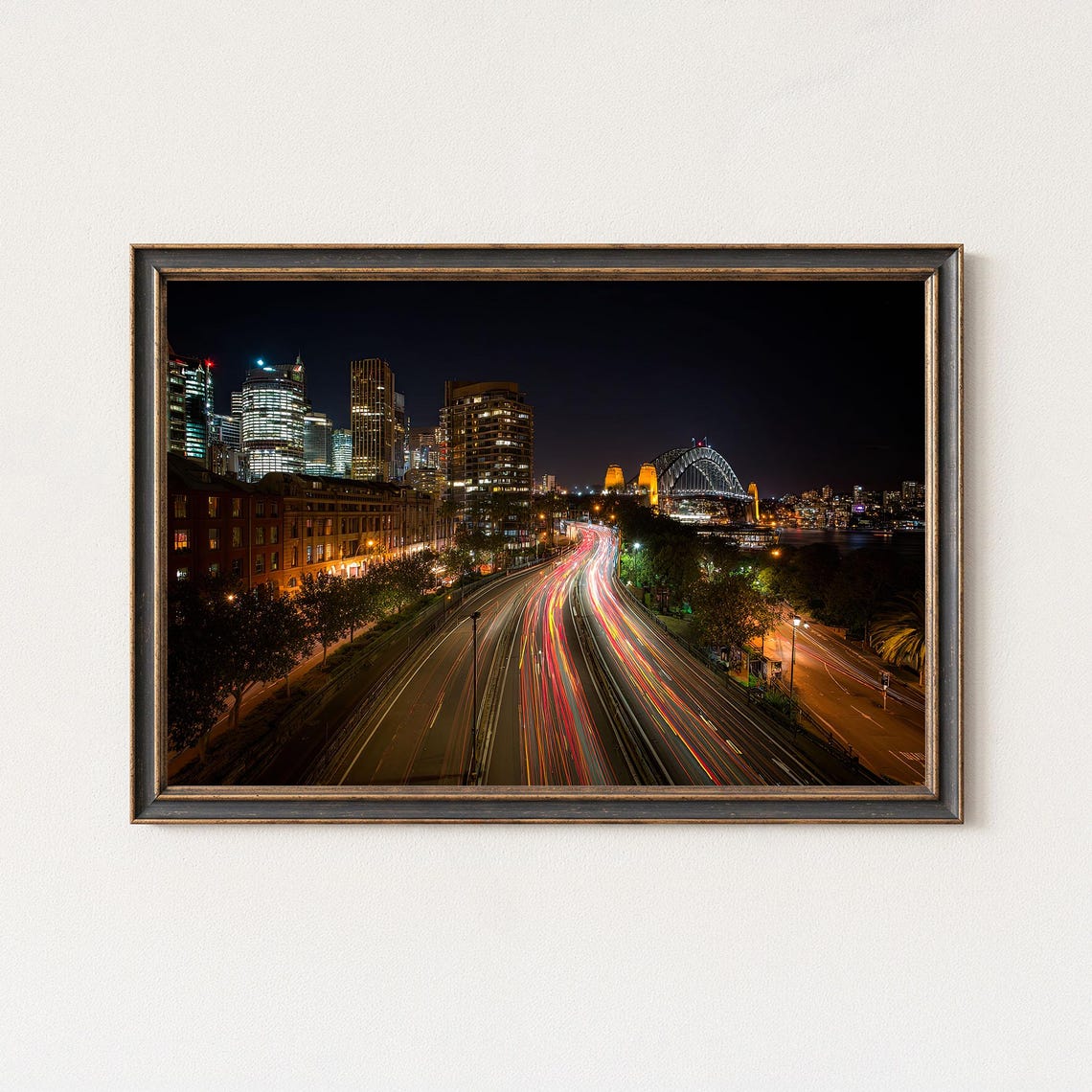 Sydney Expressway Night Light Trails Harbour Bridge Cityscape Poster
