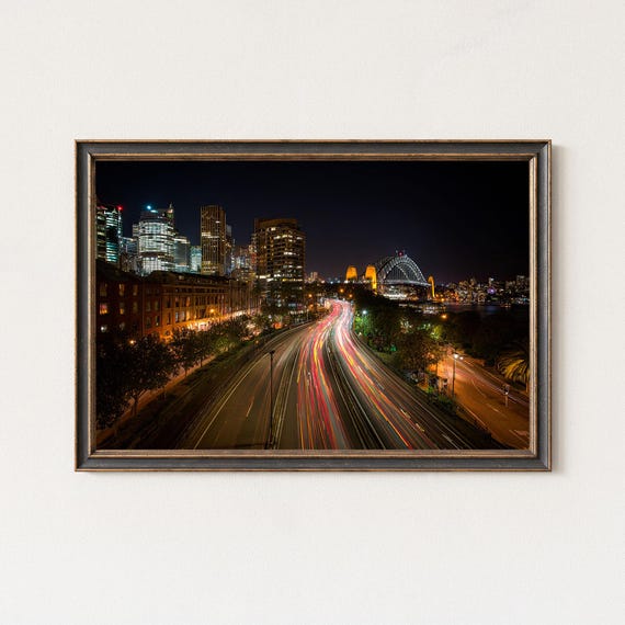 Sydney Harbour Bridge Print Expressway Night Light Trails Art