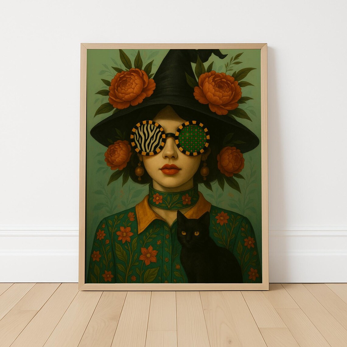 Modern Witch Portrait With Cat, Boho Halloween Decor