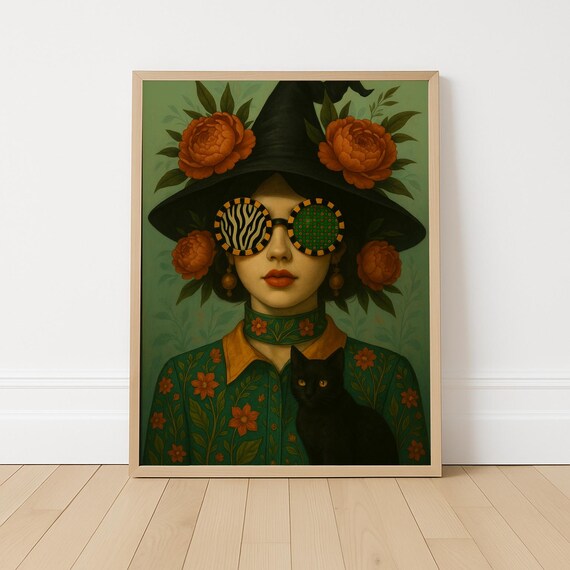 Modern Witch Portrait With Cat, Boho Halloween Decor