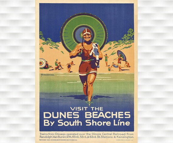 Visit the Dunes Beaches South Shore Line Retro Swimmer Beach Poster