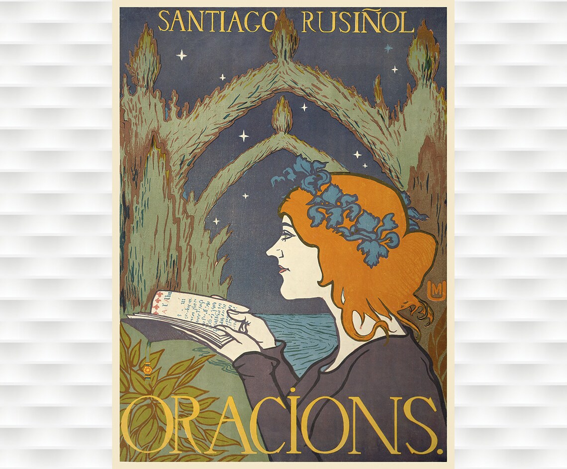 Santiago Rusinol Oracions Vintage Art Nouveau Woman Reading Poster