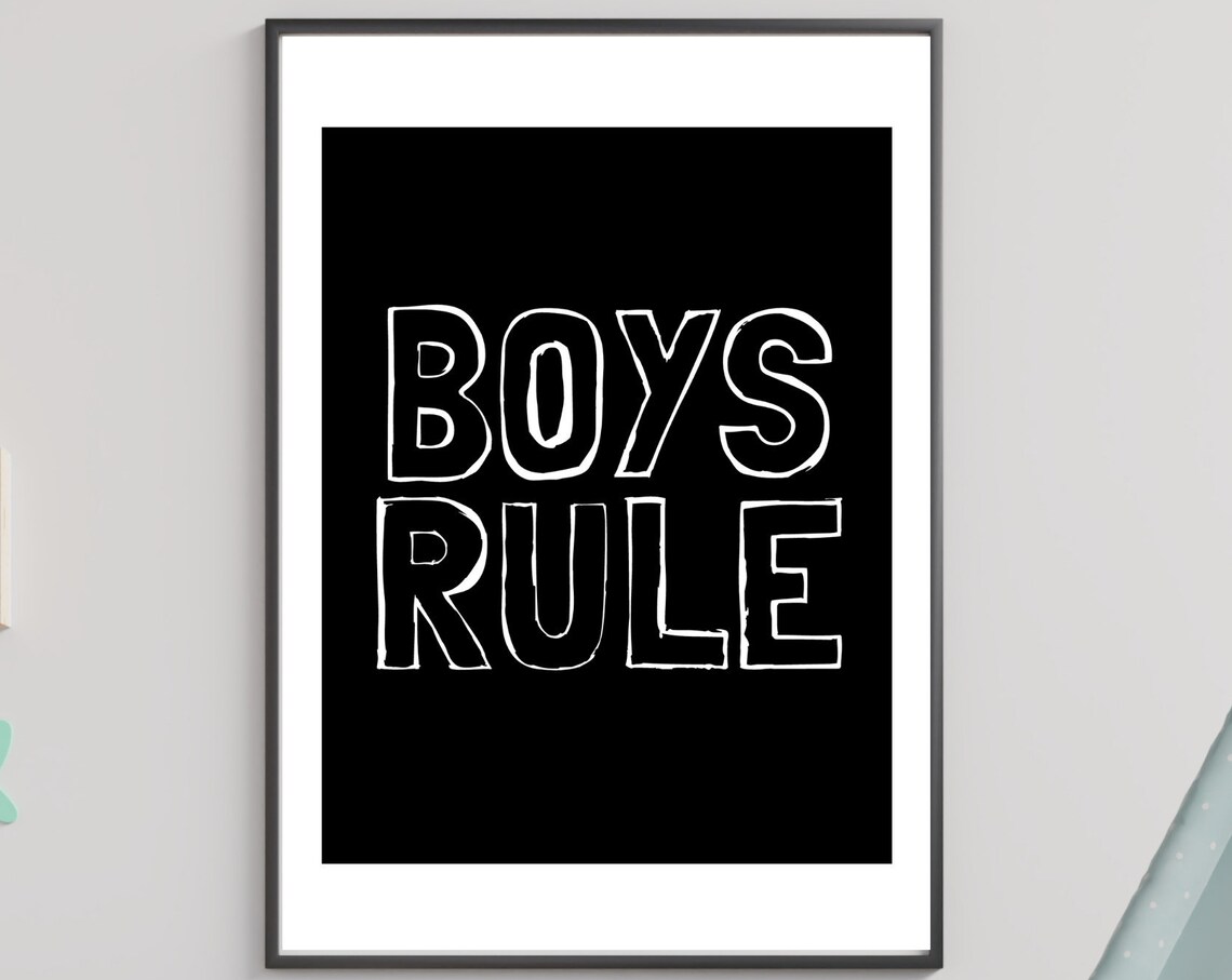 Boys Rule White Outline Black Minimalist Boys Bedroom Poster
