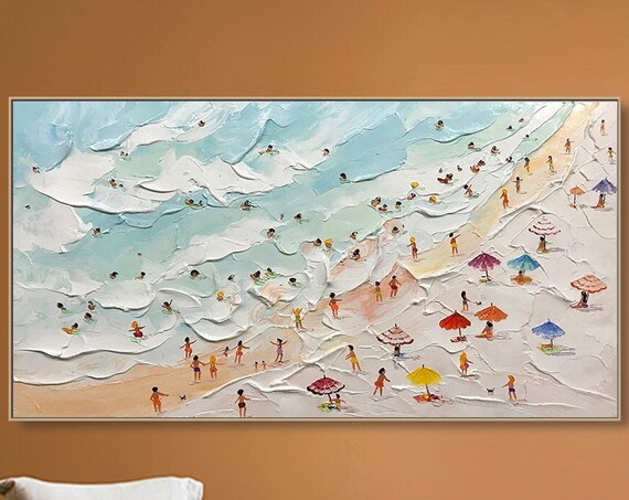 Busy Beach Scene with Umbrellas Textured Oil Painting Art Poster