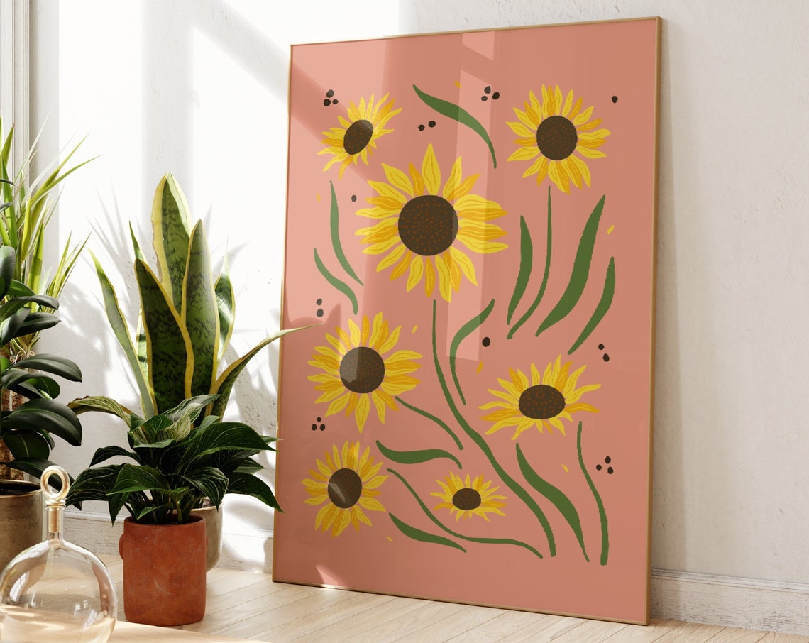 Pink Sunflower Meadow Boho Botanical Floral Summer Wall Poster
