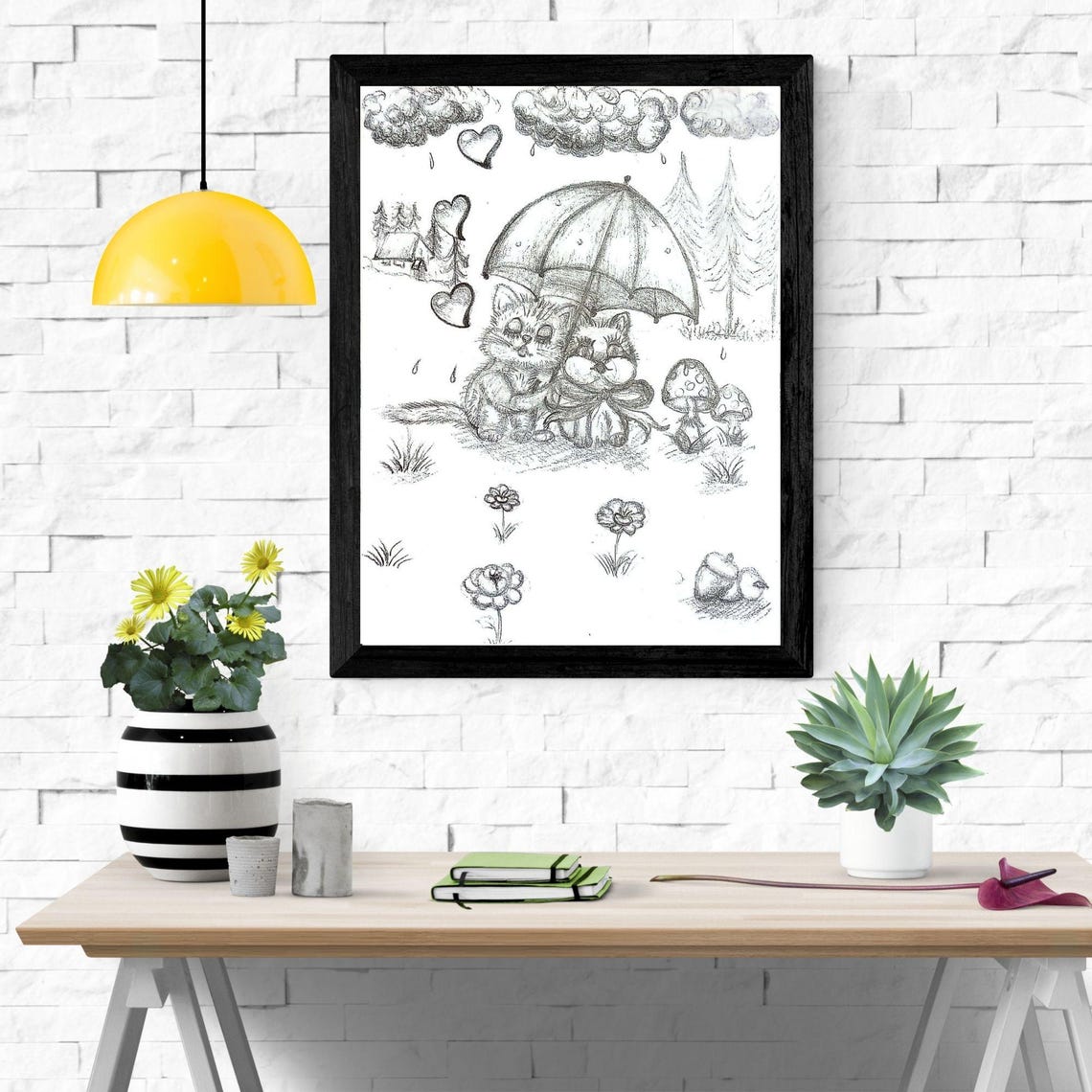 Two Kittens Under Umbrella Pencil Sketch Cute Rainy Day Poster - Image 3
