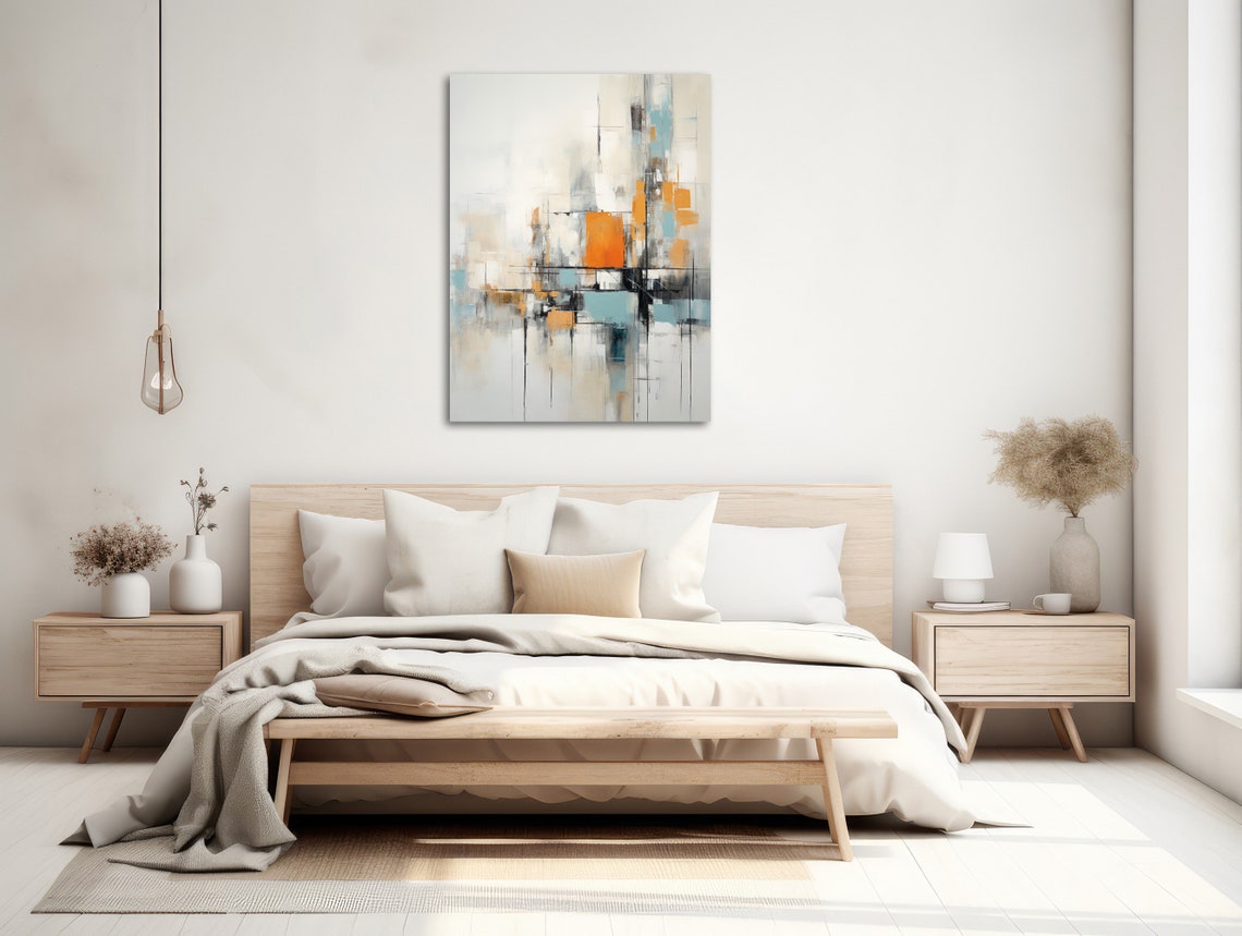 Gray Black Orange Minimal Grid Abstract Modern Soft Neutral Wall Art - Image 2