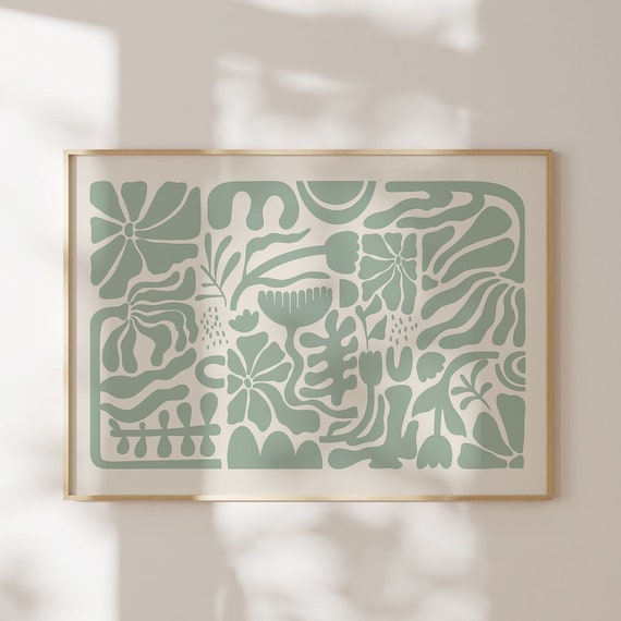 Botanical Retro Concept Sage Green Wall Decor Abstract Art Living Room Organic Shapes Print