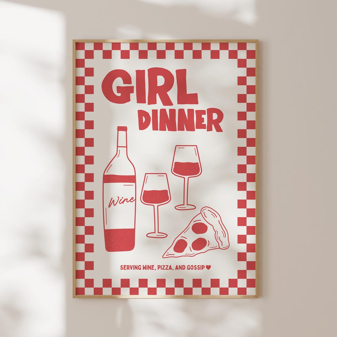 Girl Dinner Red Checkered Wine Pizza Fun Kitchen Quote Wall Art
