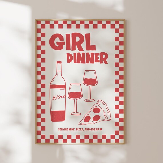 Girl Dinner Red Checkered Wine Pizza Fun Kitchen Quote Wall Art