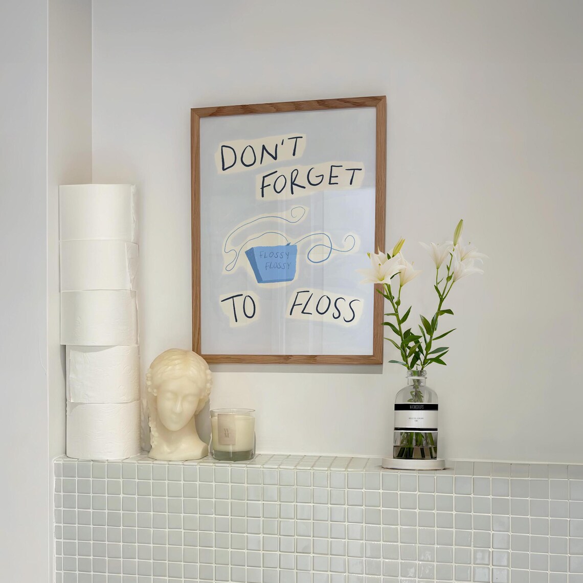 Dont Forget To Floss Print Cute Bathroom Print Hand Drawn Print Typography Poster Retro Wall Art Brush Your Teeth Trendy Blue Print - Image 2