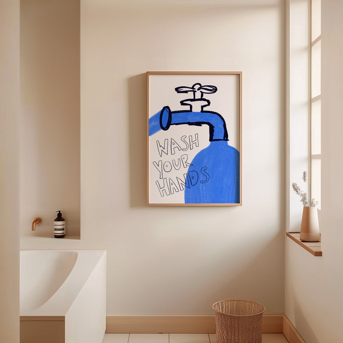 Wash Your Hands Blue Faucet Sketch Quote Cute Bathroom Poster - Image 2