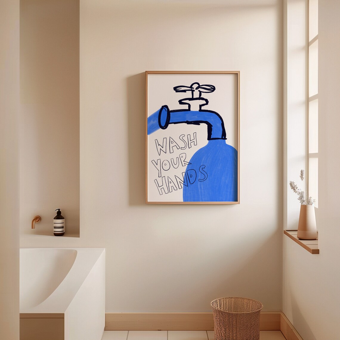 Wash Your Hands Print Cute Bathroom Print Hand Drawn Sketch Mid Century Trendy Bathroom Poster Trendy Blue Print Typography Print - Image 2