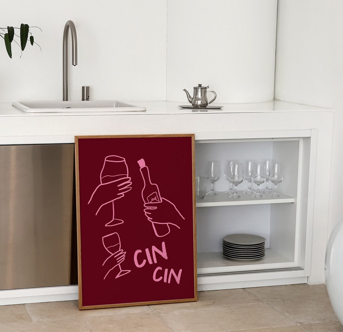 Cin Cin Burgundy Wine Glasses Toasting Hands Bar Decor Poster - Image 2