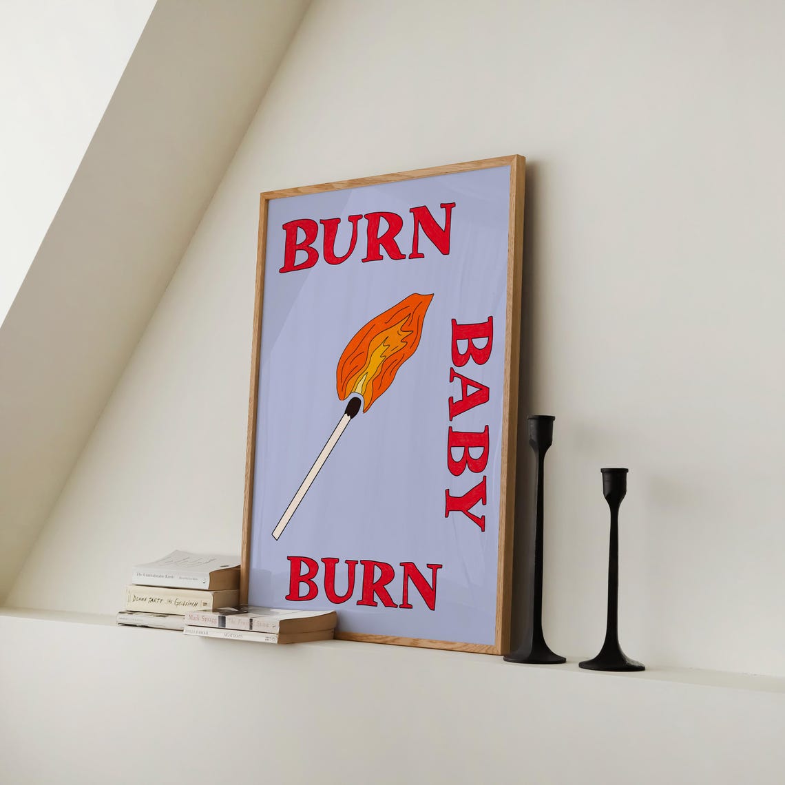 Burn Baby Burn Lit Match Retro Blue Matchbox Statement Poster - Image 3