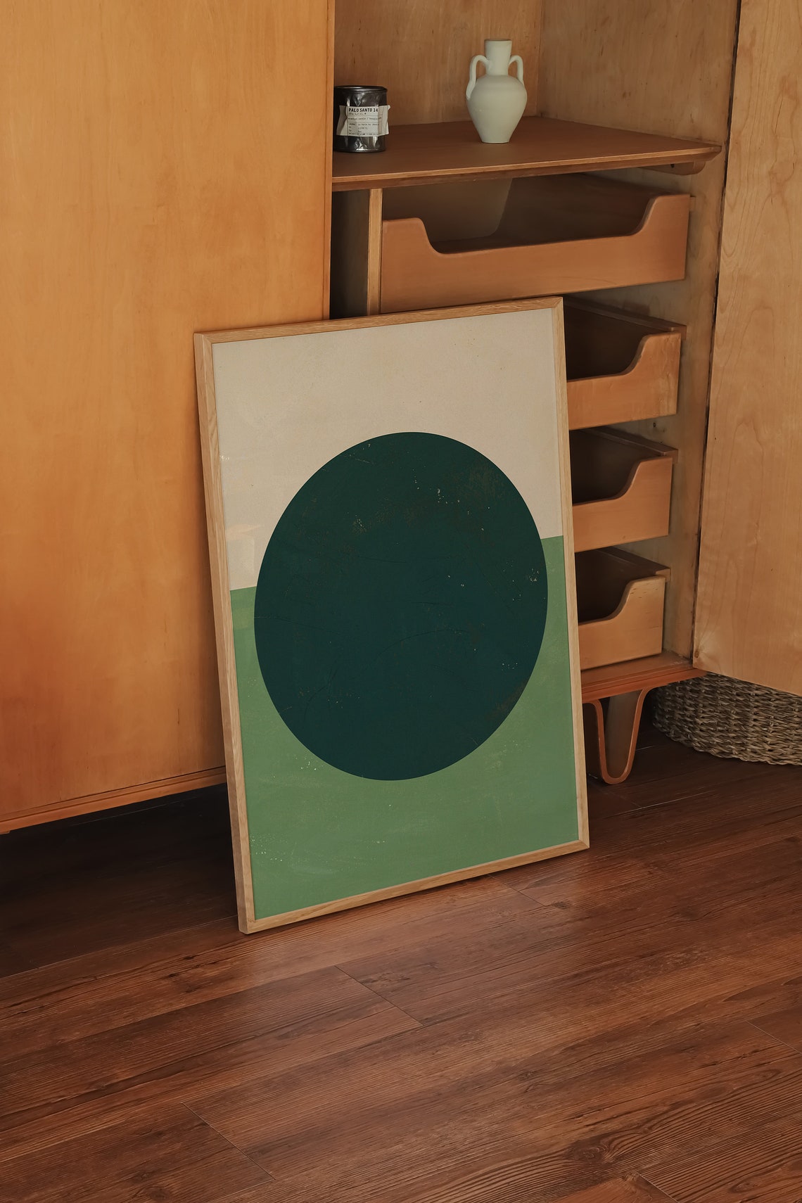 Large Dark Green Circle On Sage Minimalist Mid Century Art Poster - Image 3