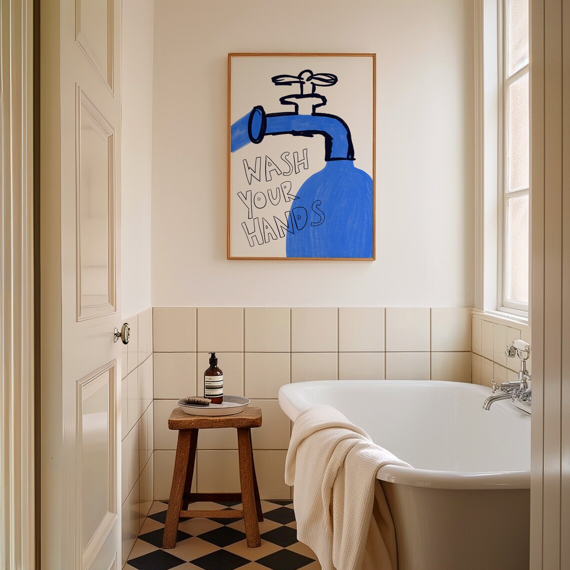 Wash Your Hands Print Cute Bathroom Print Hand Drawn Sketch Mid Century Trendy Bathroom Poster Trendy Blue Print Typography Print - Image 3
