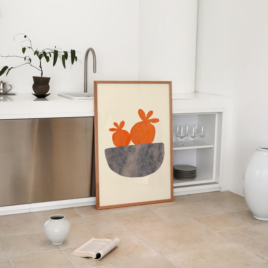 Two Juicy Oranges In Gray Bowl Minimal Fruit Still Life Poster - Image 2