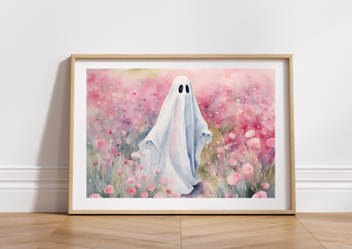Pink Floral Field With Spooky Halloween Print