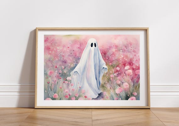 Pink Floral Field With Spooky Halloween Print