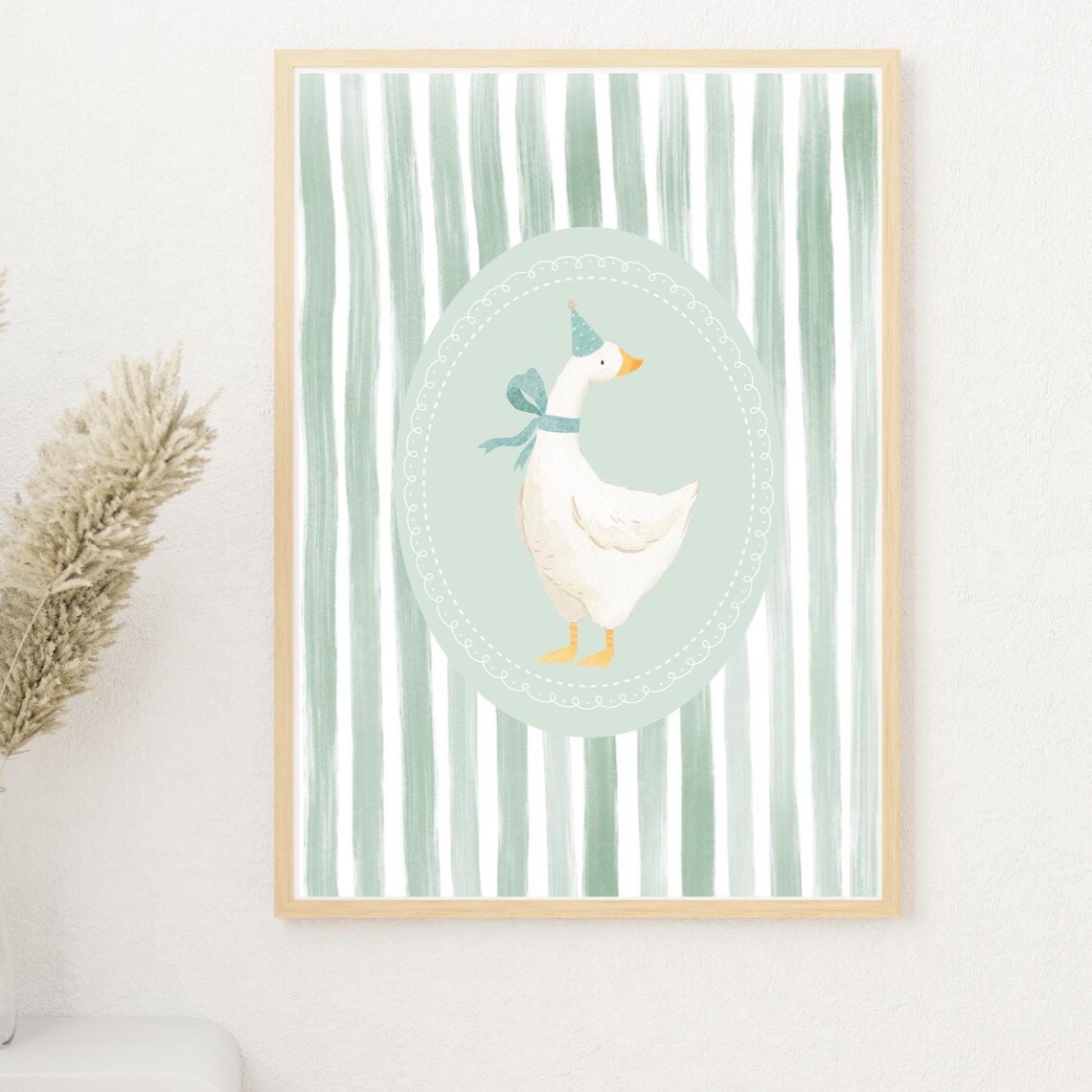 Goose Party Hat Sage Stripe Vintage Nursery Decor Art Poster