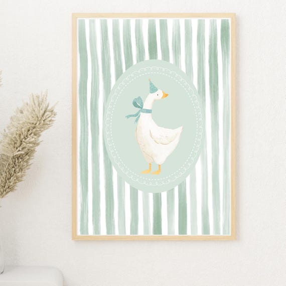 Sage Goose Wall Art Green Vintage Print Farm Animal Poster Patel Nursery Decoration Playroom Trendy Kids Room