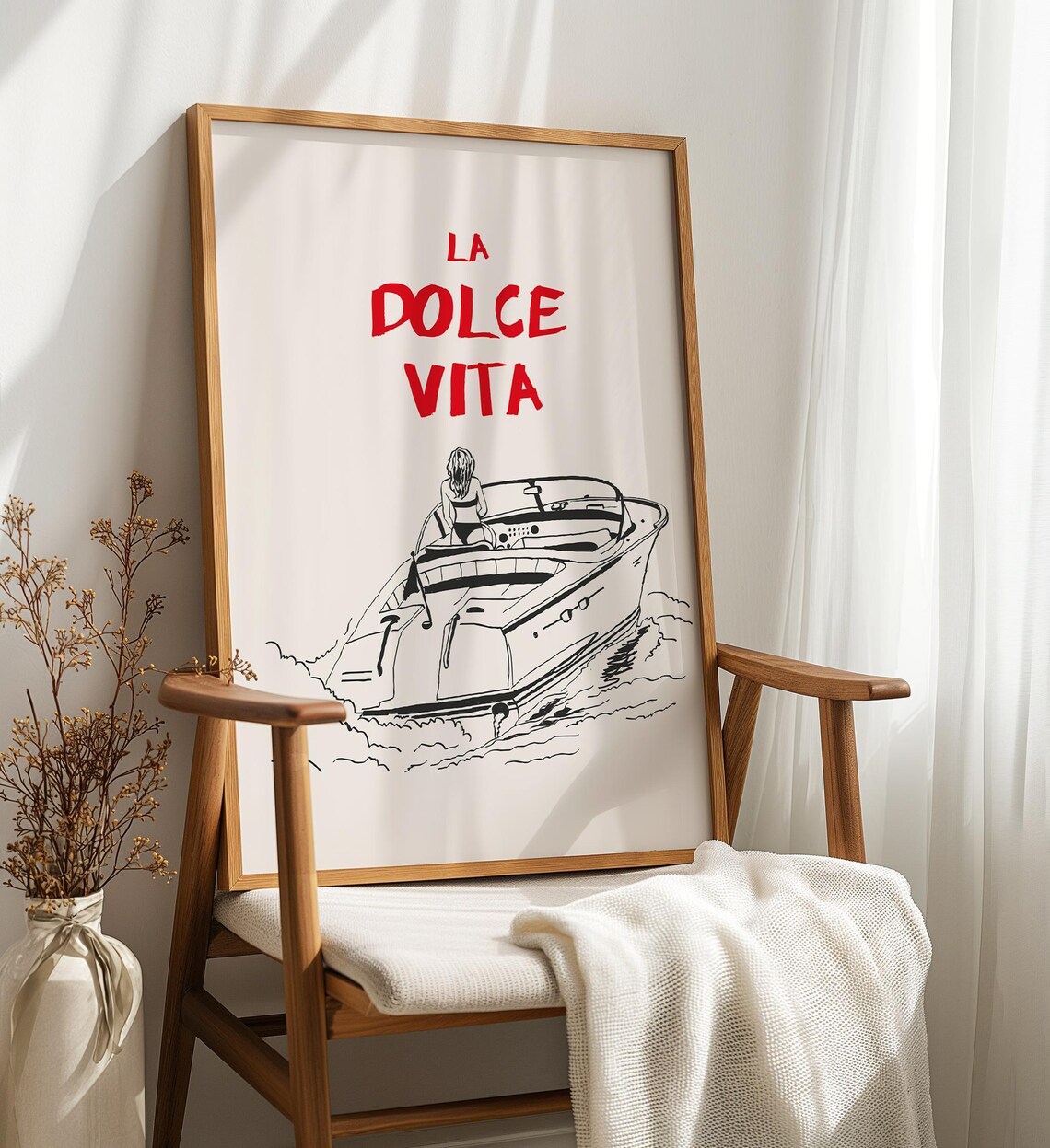 La Dolce Vita Italian Yacht Line Art Woman On Boat Travel Poster - Image 2