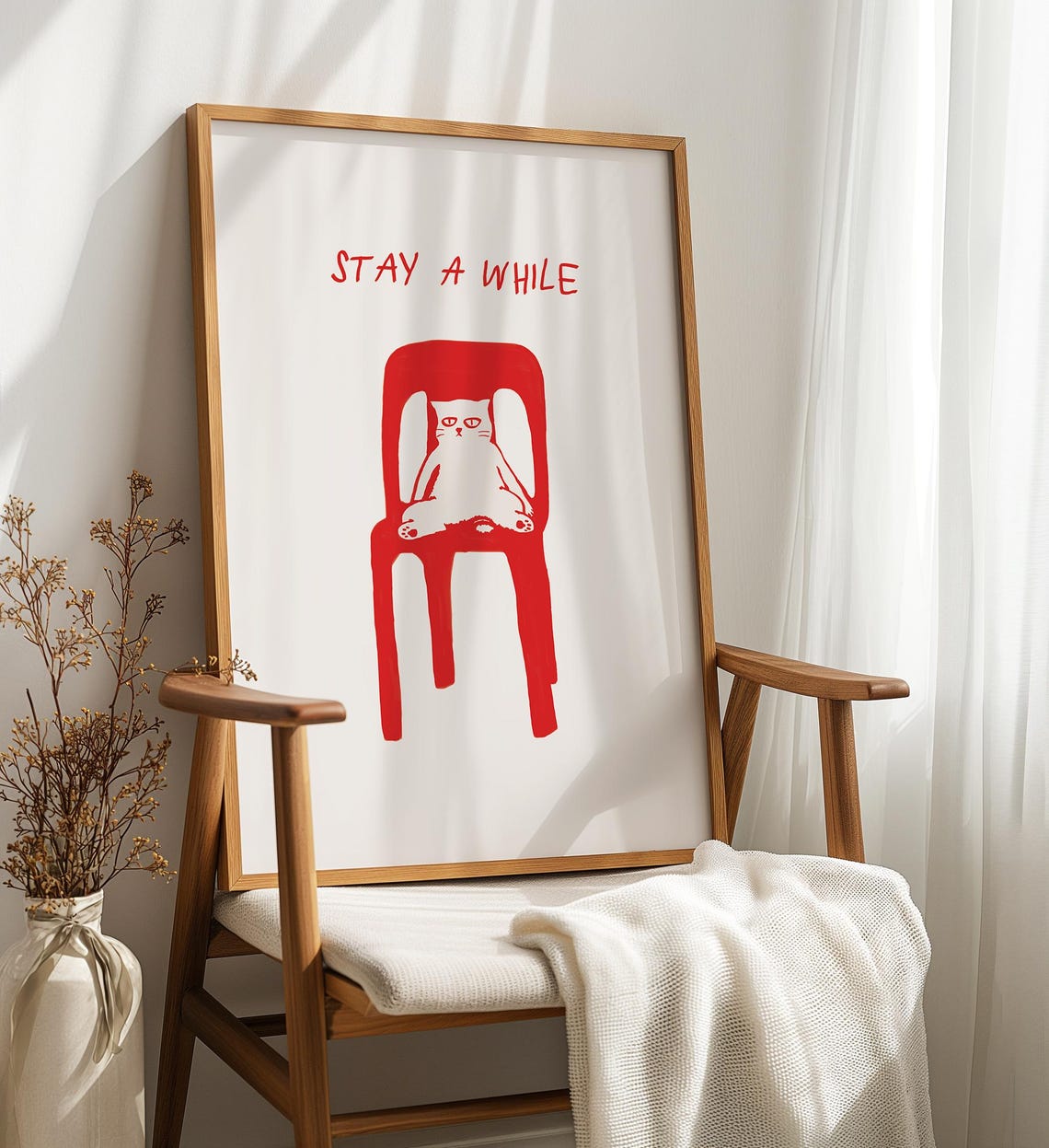 Cat Print Stay A While Print Cute Cat Poster Cat Wall Decor Funny Cat Print Cat Lover Decor Red Cat Print - Image 5