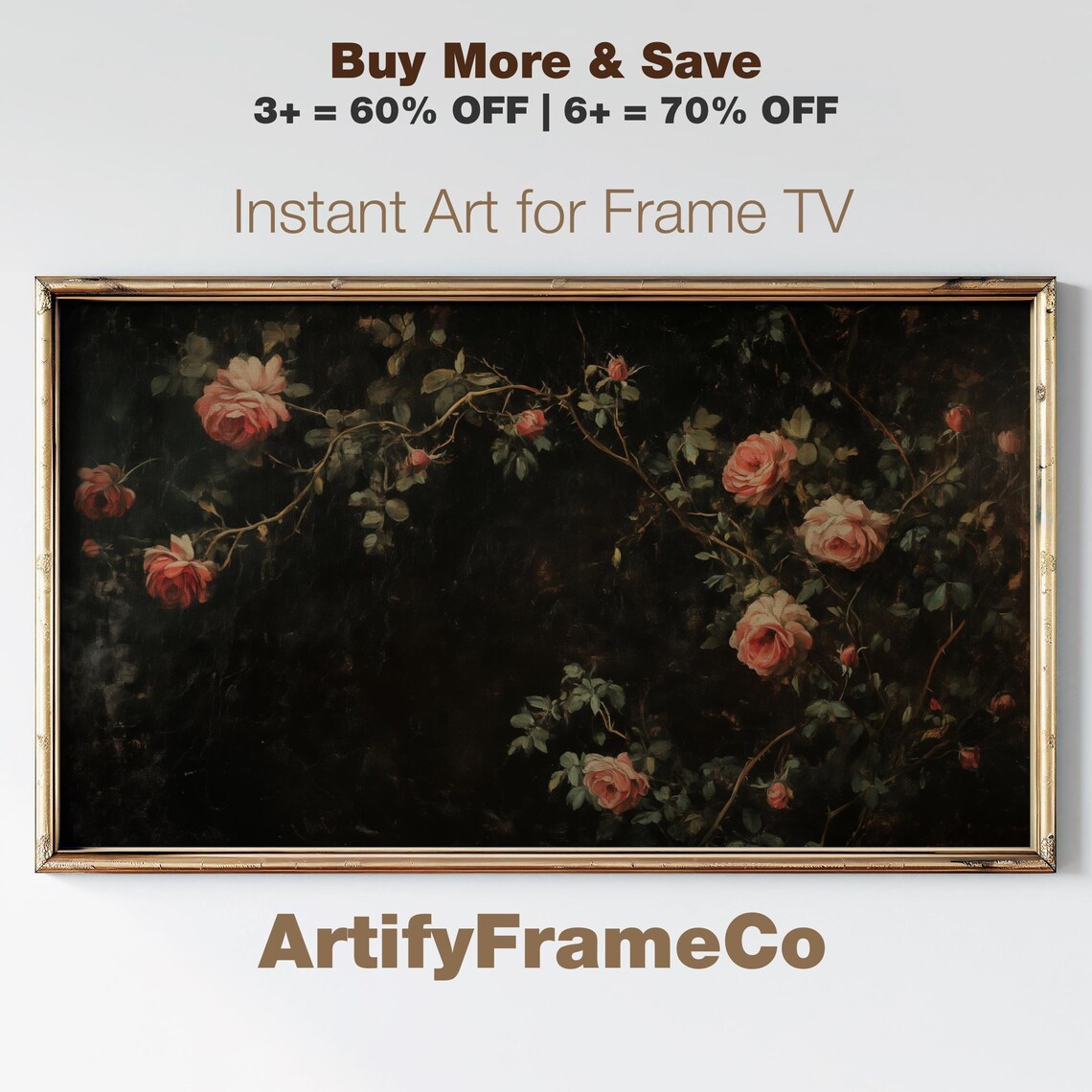 Climbing Pink Roses Dark Vines Moody Vintage Frame TV Art Poster