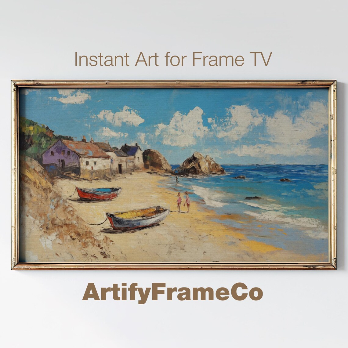 Sunny Fishing Village Beach Boats Vintage Coastal Summer Painting Poster