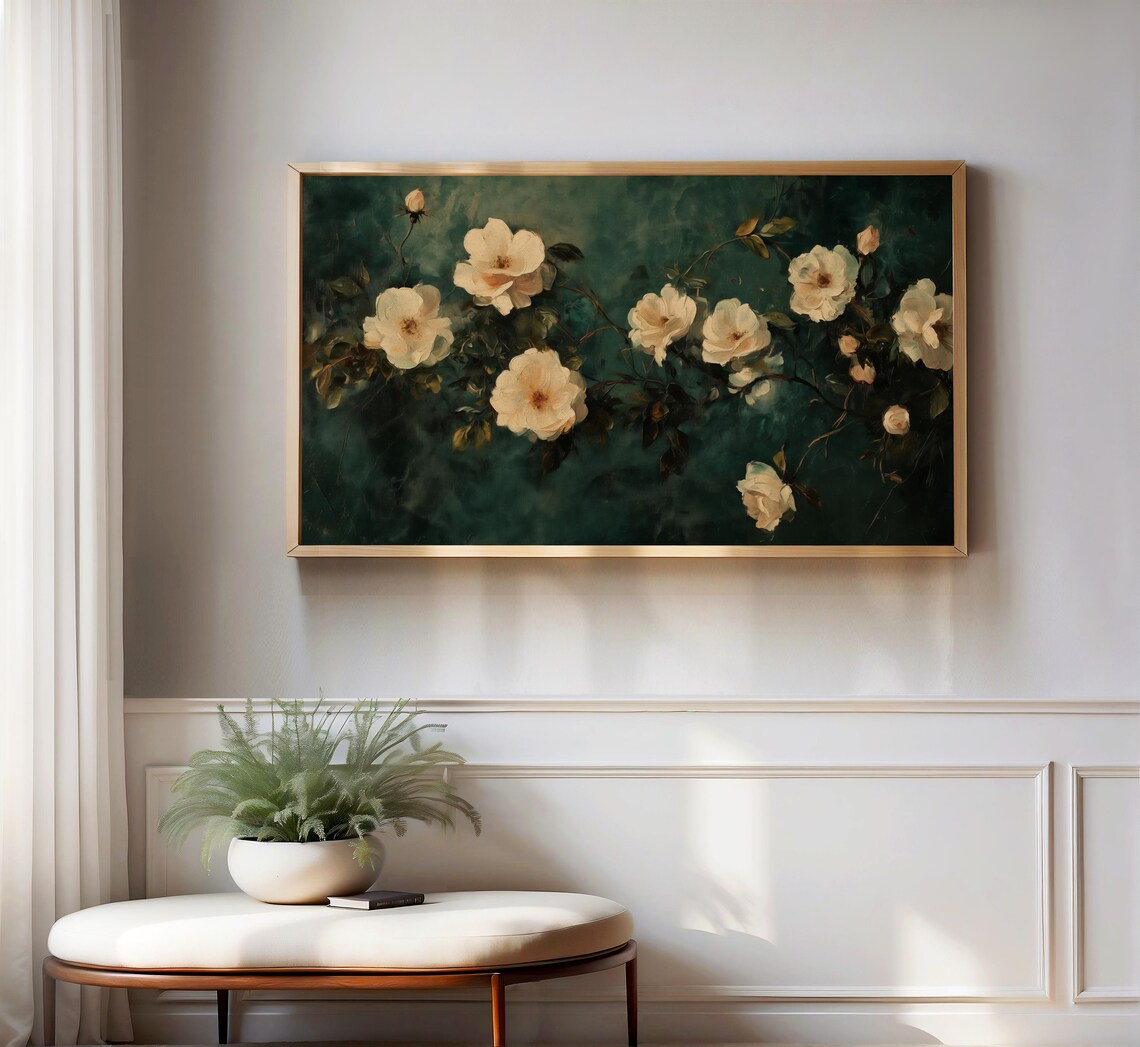 Cream Wild Roses Dark Green Vintage Botanical Frame TV Art Poster - Image 3