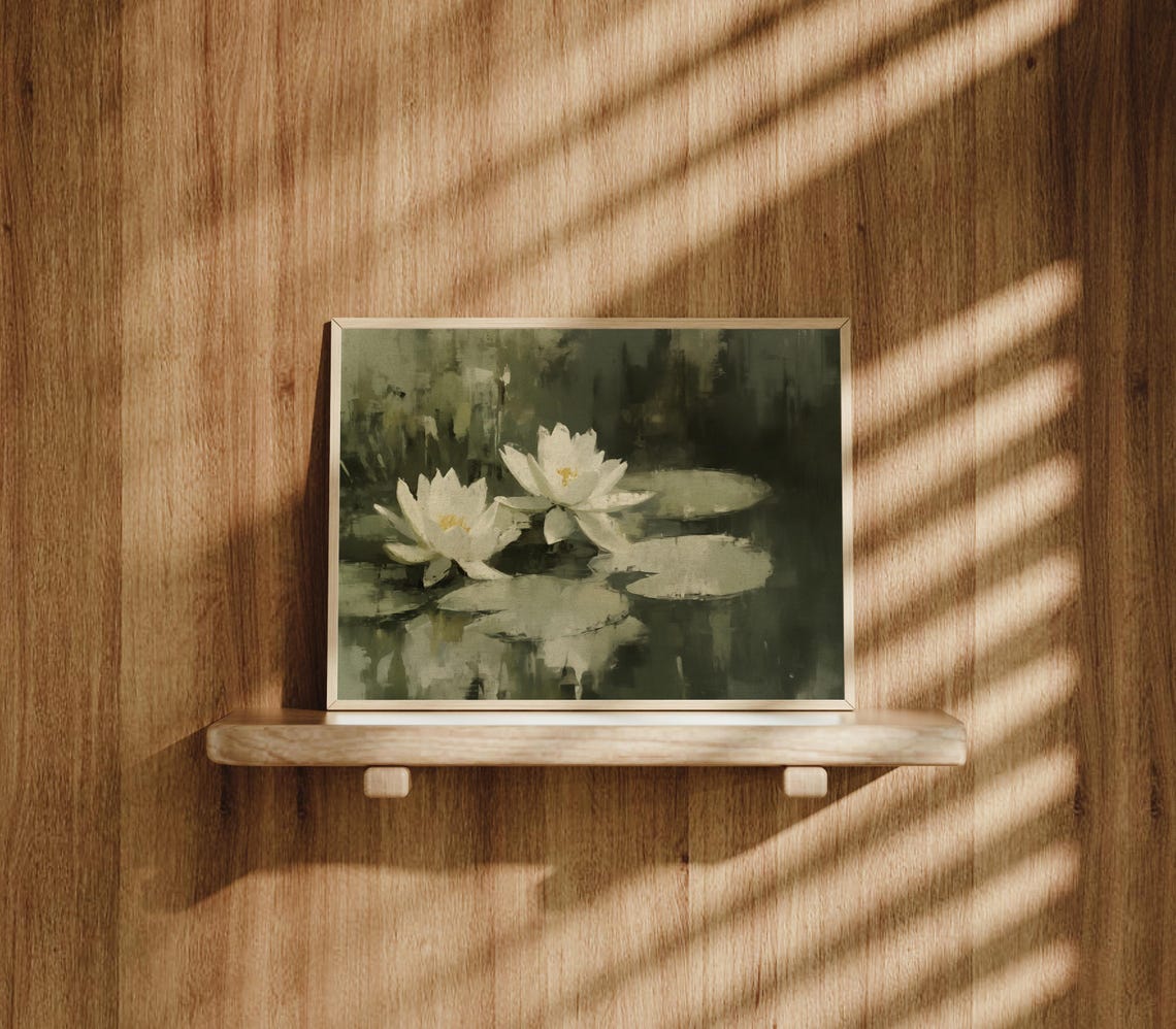 White Water Lilies Dark Green Pond Moody Impressionist Vintage Poster - Image 3