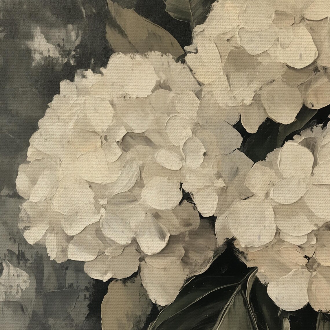 White Hydrangea Blooms Impasto Oil Painting Dark Floral Wall Art Print - Image 4
