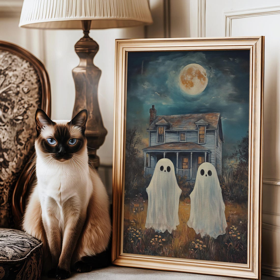 Two Ghosts Before Old House Under Full Moon Night Oil Poster - Image 3