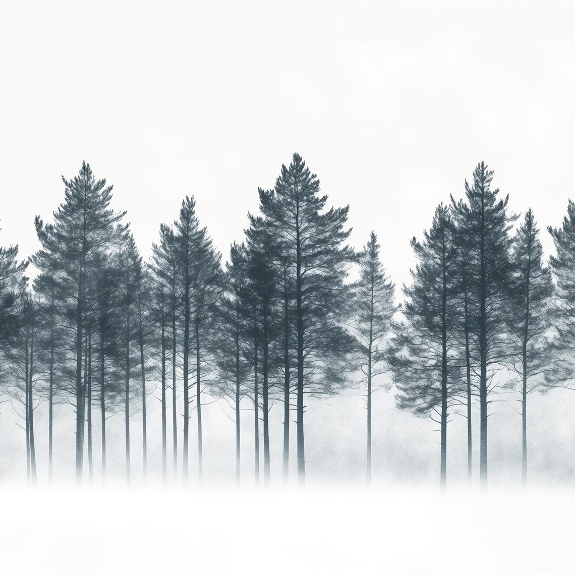 Misty Pine Forest Row Monochrome Tranquil Winter Forest Art Poster - Image 4