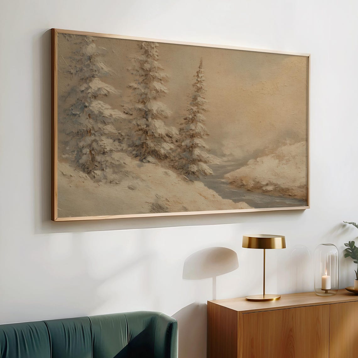 Snowy Pine Trees Misty Lakeside Winter Oil Painting Style Poster - Image 2