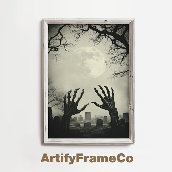 Zombie Hands Rising In Graveyard Under Full Moon Horror Poster