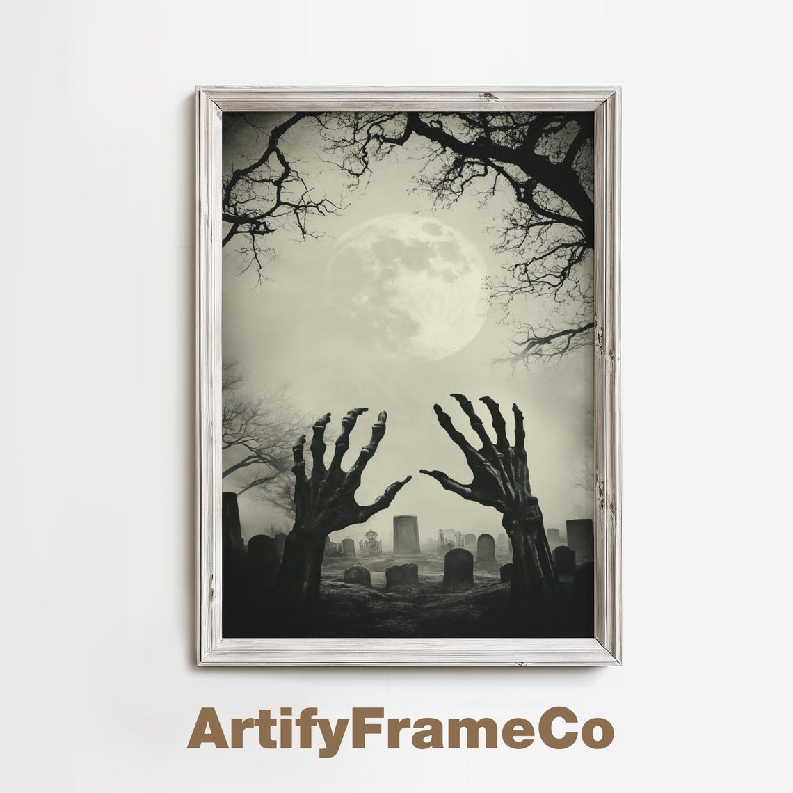 Zombie Hands Rising In Graveyard Under Full Moon Horror Poster